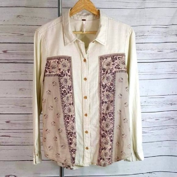 Free People Tops - Free People Tan Floral Button-down Knit Top